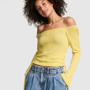 side ruched off the shoulder sweater