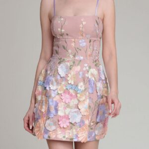 floral appliqué embroidered mini dress