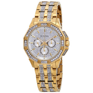 bulova crystal silver dial yellow gold tone men's watch 98c126