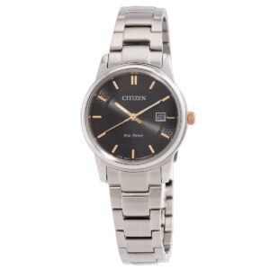 citizen black dial stainless steel band ladies watch ew2317 76e