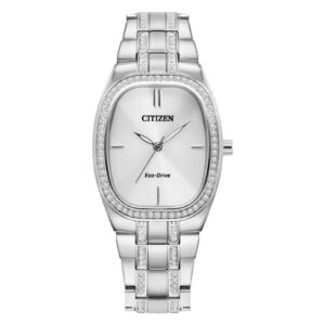 citizen crystal eco drive silver dial ladies watch em1080 55a