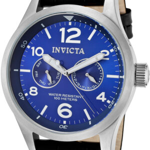 invicta specialty military multi function blue dial black leather men's watch 10490