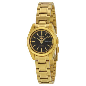 seiko 5 automatic black dial gold tone ladies watch symk22