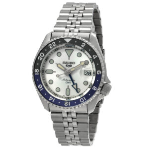 seiko 5 sports gmt automatic silver dial batman bezel men's watch ssk033