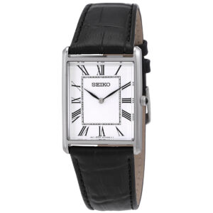 seiko essentials quartz white dial black leather men's watch swr049